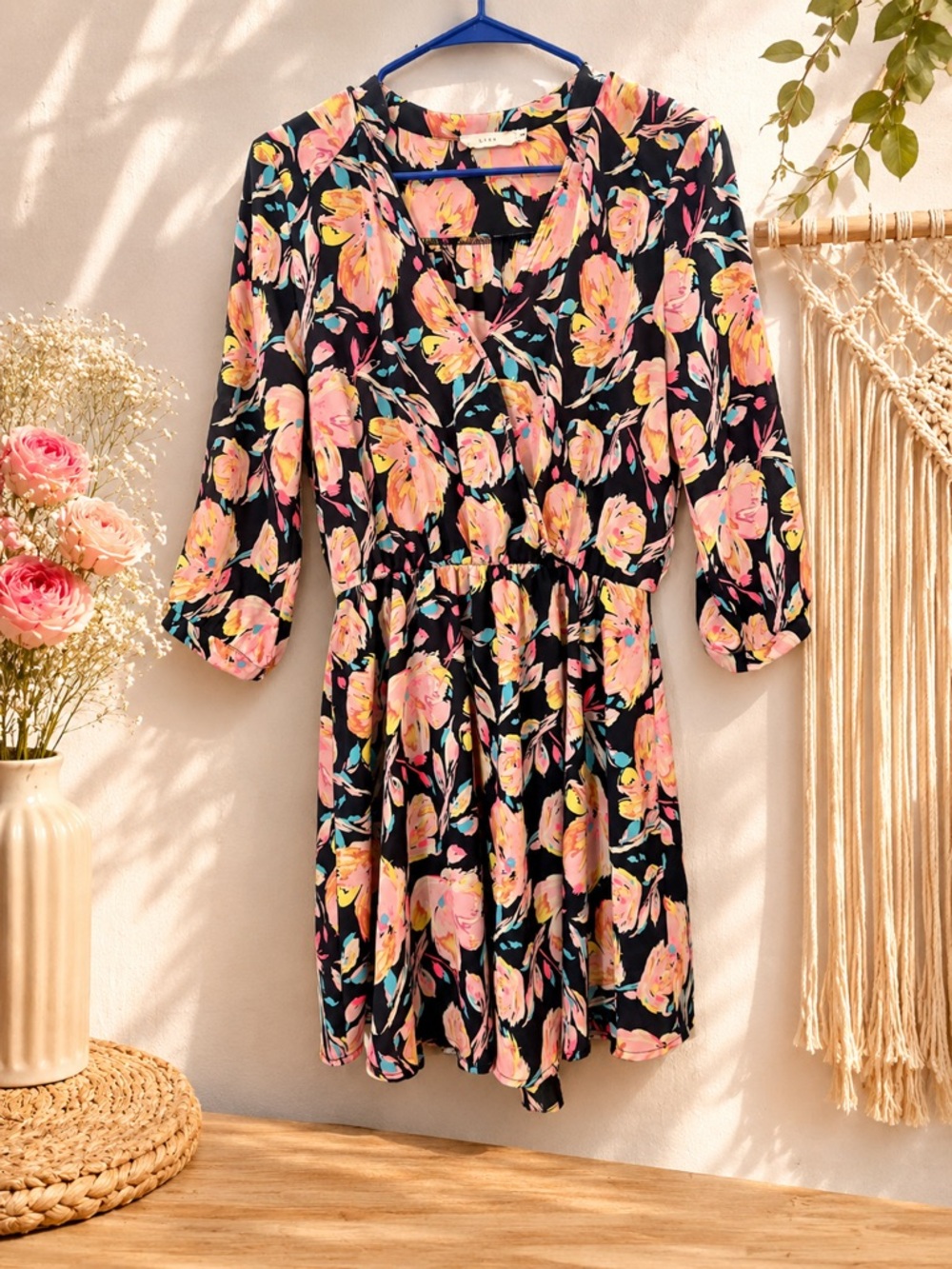 Lush Black Floral Mini Dress with Hot Pink & Yellow Blooms